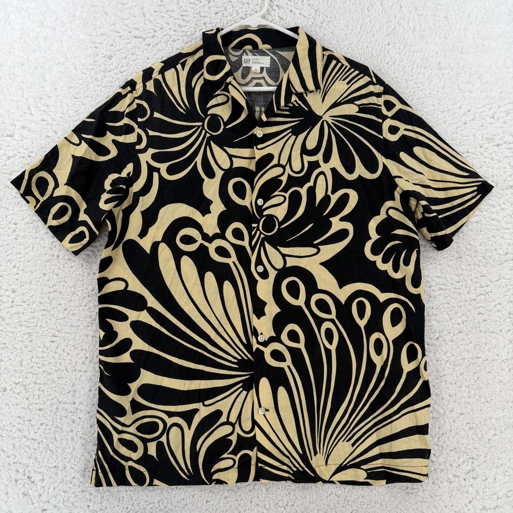Gap Shirt Mens Medium Black Floral Hawaiian Linen Cotton Button Up Aloha Casual